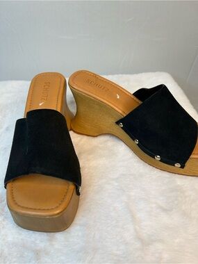 Schutz Lanneh Heeled Clogs Women's 10B Black Suede Loose Nail See Pics Easy Fix